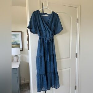 Elegant Blue Wrap Midi Dress